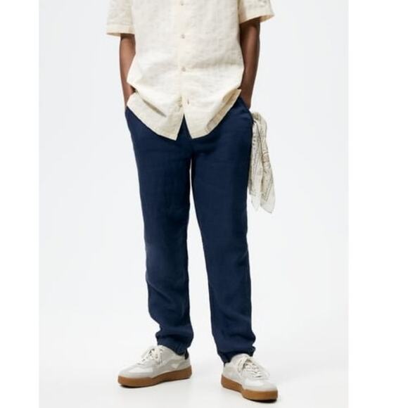 NWT Zara Men's Blue Linen Pants Size XXL Style 0706/433/01 - Picture 1 of 12
